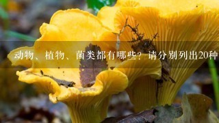 动物、植物、菌类都有哪些？请分别列出20种。