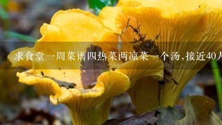 求食堂1周菜谱4热菜两凉菜1个汤,接近40人吃饭每人十8元标准